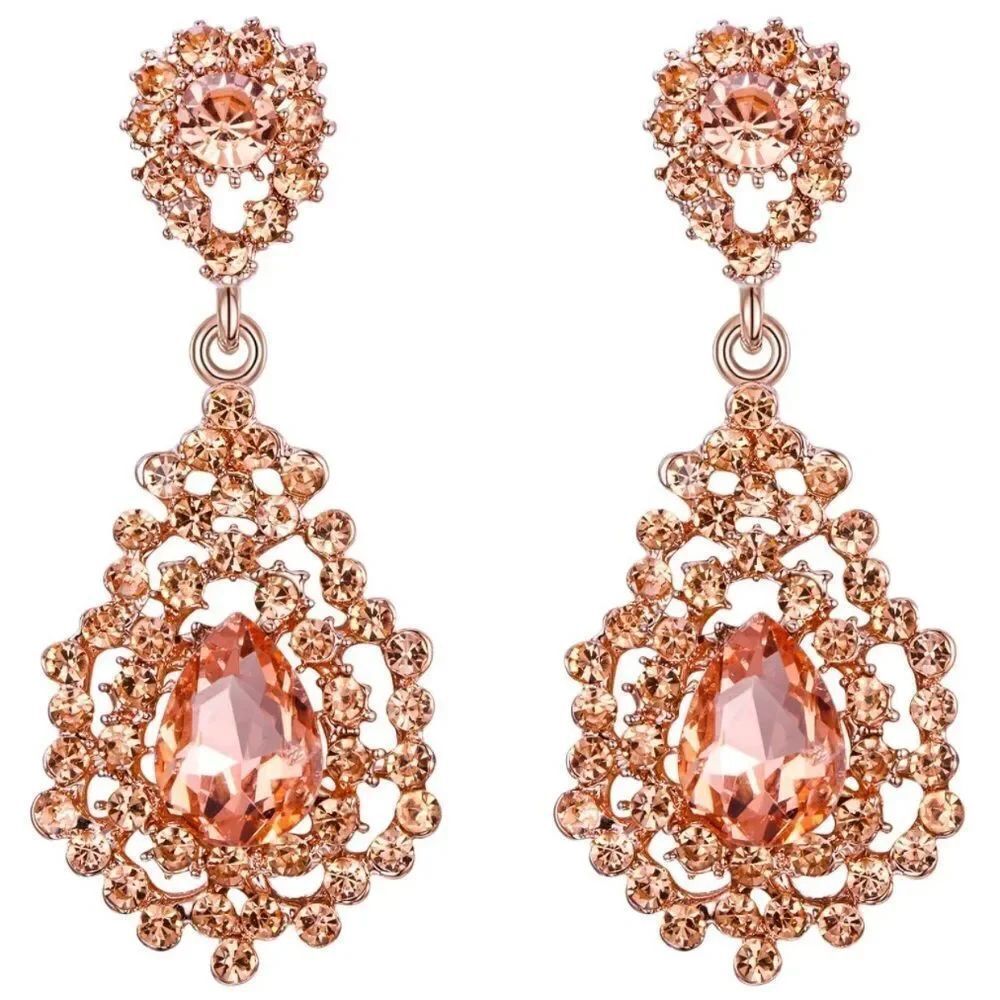 Rose Gold with Champagne Topaz Austrian Crystal Art Deco Chandelier Earrings